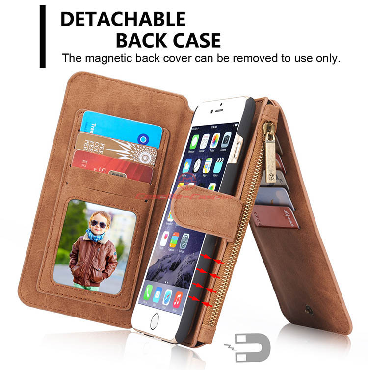CaseMe iPhone 6S Zipper Wallet Detachable 2 in 1 Flip Case Brown