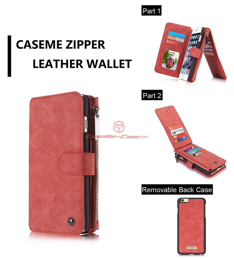 CaseMe 007 iPhone 6S Zipper Wallet Detachable 2 in 1 Flip Case Red