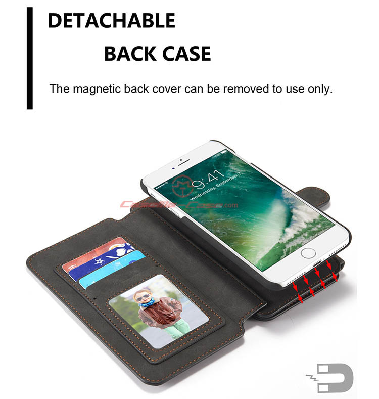 CaseMe iPhone 7 Plus Zipper Wallet Detachable 2 in 1 Flip Case Black