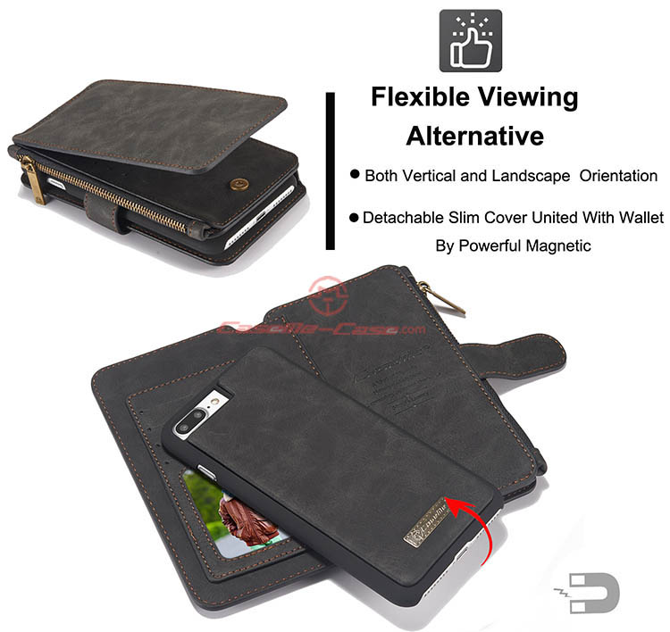 CaseMe iPhone 7 Plus Zipper Wallet Detachable 2 in 1 Flip Case Black