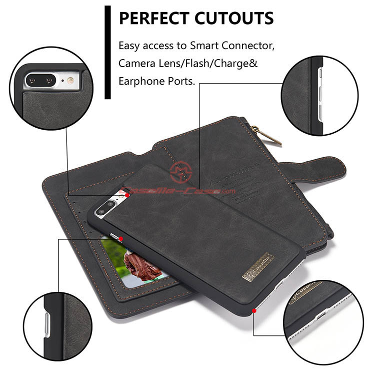 CaseMe iPhone 7 Plus Zipper Wallet Detachable 2 in 1 Flip Case Black