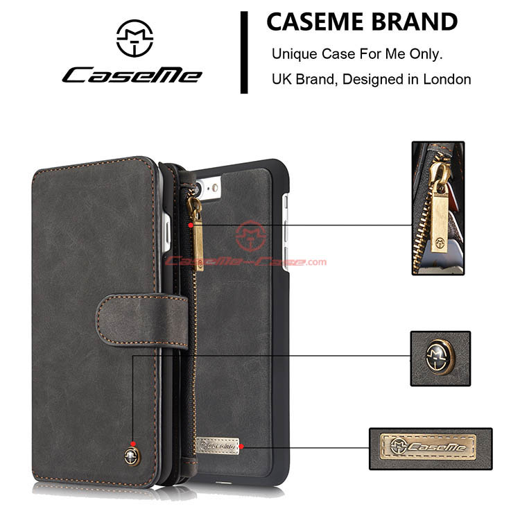 CaseMe iPhone 7 Plus Zipper Wallet Detachable 2 in 1 Flip Case Black