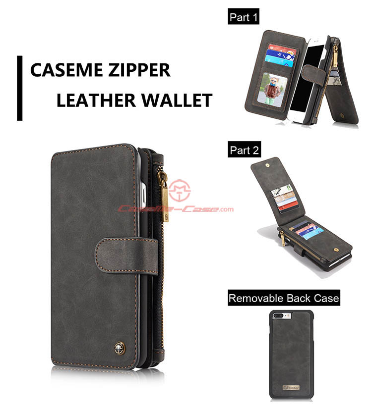 CaseMe iPhone 7 Plus Zipper Wallet Detachable 2 in 1 Flip Case Black