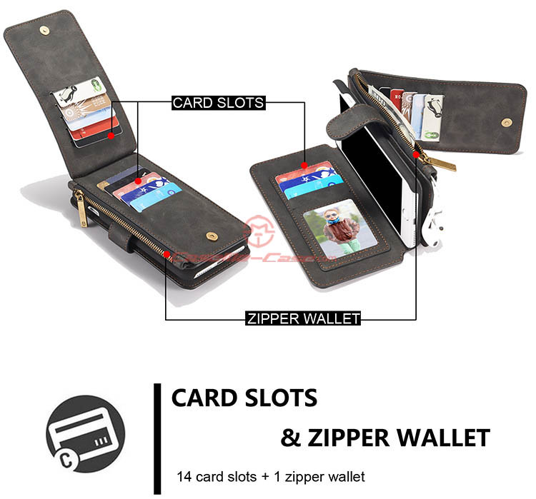 CaseMe iPhone 7 Plus Zipper Wallet Detachable 2 in 1 Flip Case Black