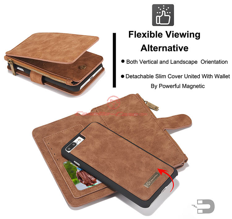 CaseMe iPhone 7 Plus Zipper Wallet Detachable 2 in 1 Flip Case Brown