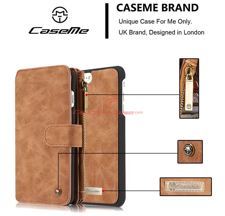 CaseMe iPhone 7 Plus Zipper Wallet Detachable 2 in 1 Flip Case Brown