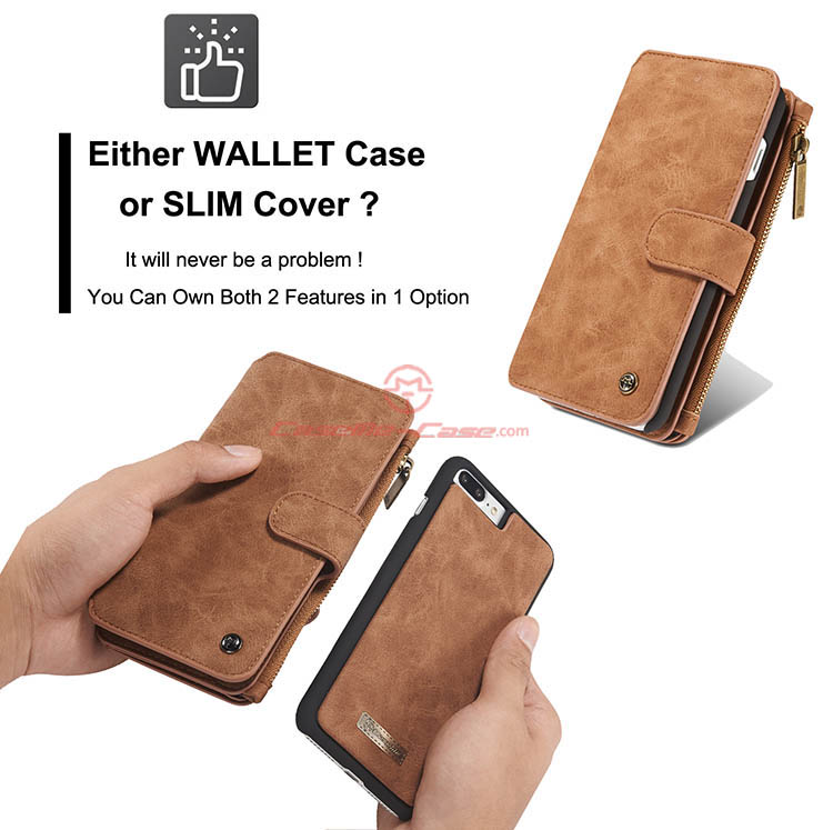 CaseMe iPhone 7 Plus Zipper Wallet Detachable 2 in 1 Flip Case Brown