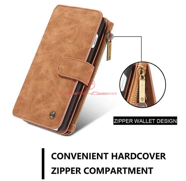 CaseMe iPhone 7 Plus Zipper Wallet Detachable 2 in 1 Flip Case Brown