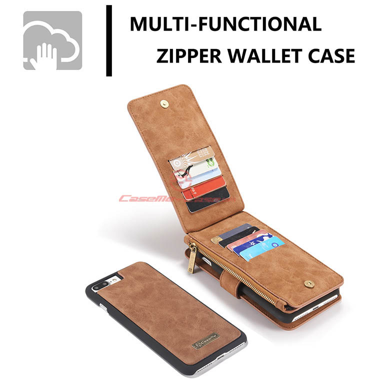 CaseMe iPhone 7 Plus Zipper Wallet Detachable 2 in 1 Flip Case Brown