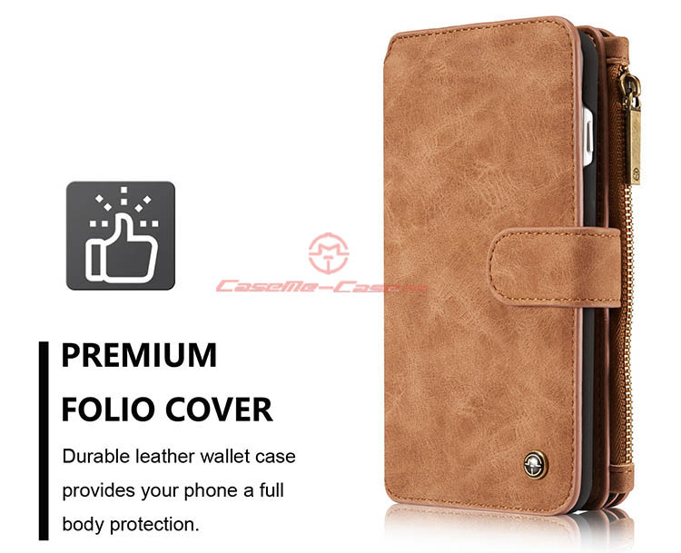 CaseMe iPhone 7 Plus Zipper Wallet Detachable 2 in 1 Flip Case Brown