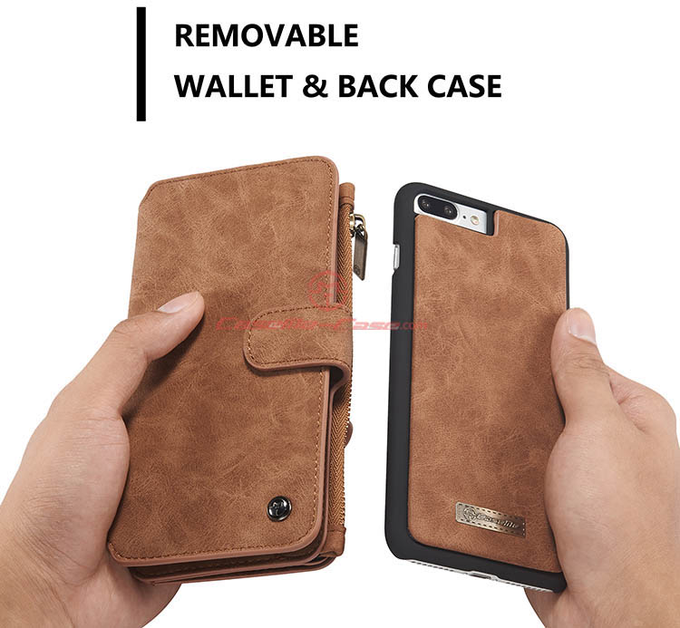 CaseMe iPhone 7 Plus Zipper Wallet Detachable 2 in 1 Flip Case Brown