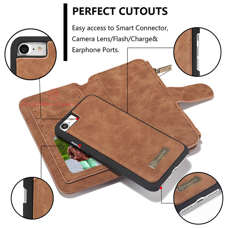 CaseMe 007 iPhone 7 Zipper Wallet Detachable 2 in 1 Flip Case Brown