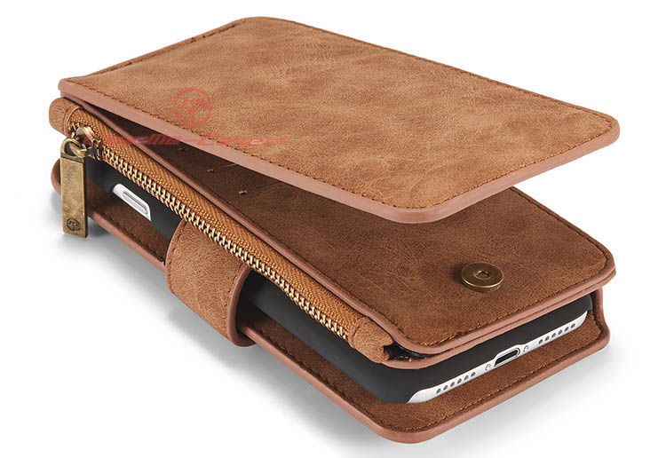 CaseMe 007 iPhone 7 Zipper Wallet Detachable 2 in 1 Flip Case Brown