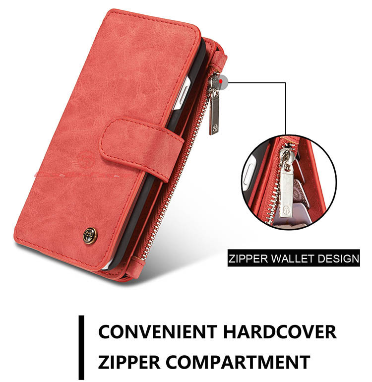 CaseMe iPhone 7 Zipper Wallet Detachable 2 in 1 Flip Case Red