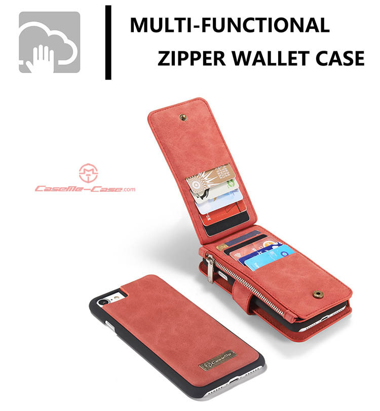 CaseMe iPhone 7 Zipper Wallet Detachable 2 in 1 Flip Case Red