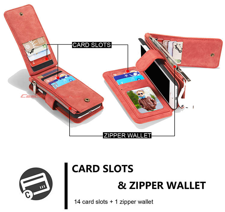 CaseMe iPhone 7 Zipper Wallet Detachable 2 in 1 Flip Case Red