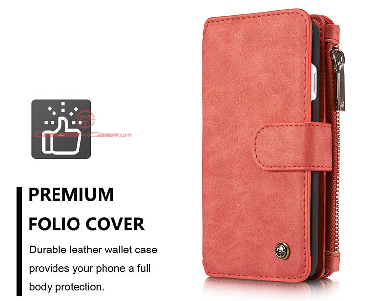 CaseMe iPhone 7 Zipper Wallet Detachable 2 in 1 Flip Case Red