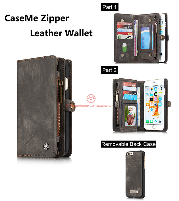 CaseMe iPhone 6S Plus Zipper Wallet Detachable 2 in 1 Folio Case Black