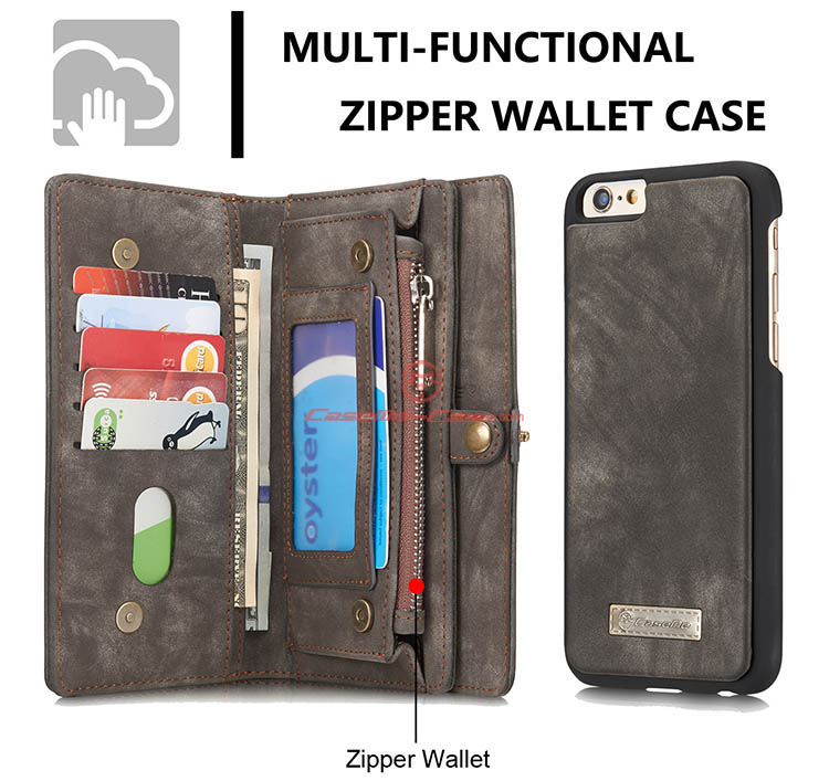 CaseMe iPhone 6 Plus Zipper Wallet Detachable 2 in 1 Folio Case Black