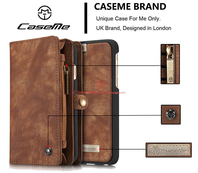 CaseMe iPhone 6S Plus Zipper Wallet Detachable 2 in 1 Folio Case Brown