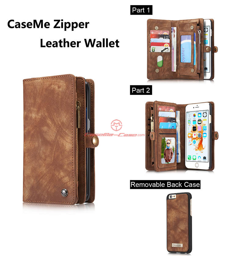 CaseMe iPhone 6 Plus Zipper Wallet Detachable 2 in 1 Folio Case Brown