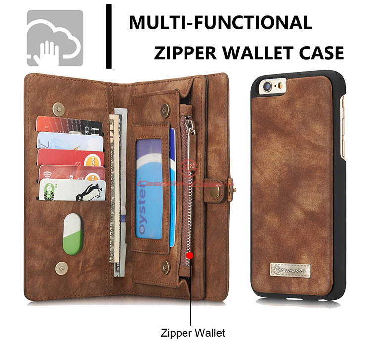 CaseMe iPhone 6 Plus Zipper Wallet Detachable 2 in 1 Folio Case Brown