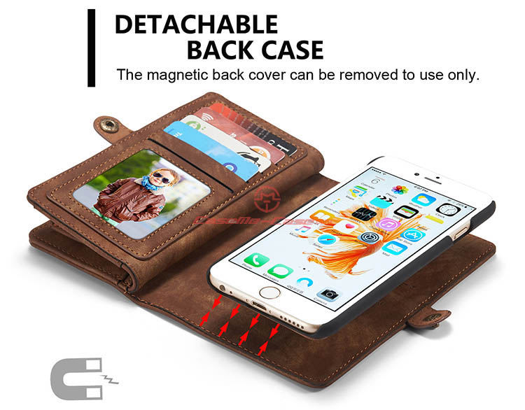CaseMe iPhone 6S Plus Zipper Wallet Detachable 2 in 1 Folio Case Brown