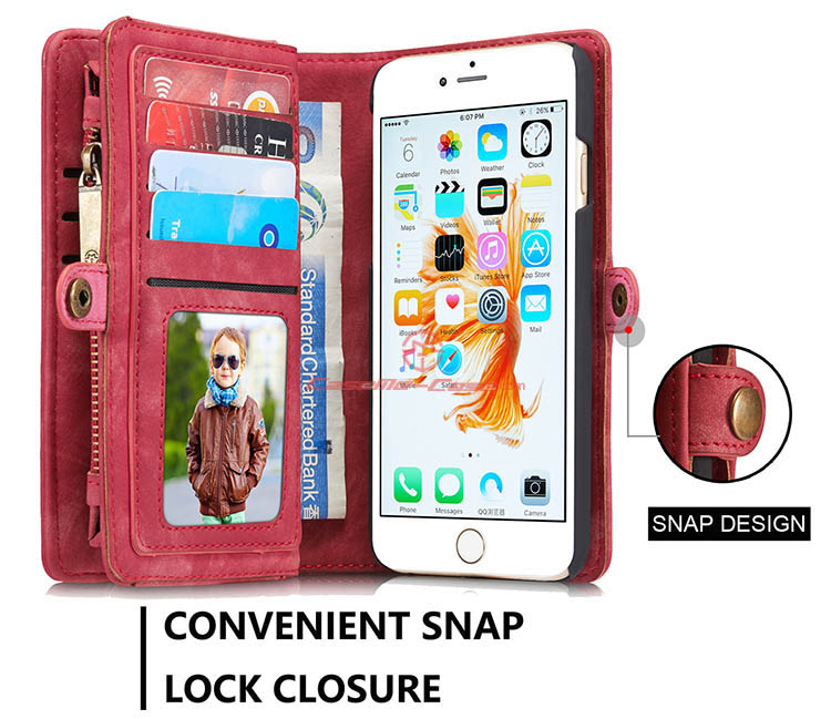 CaseMe iPhone 6S Plus Zipper Wallet Detachable 2 in 1 Folio Case Red