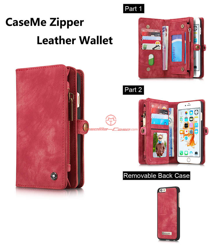 CaseMe iPhone 6 Plus Zipper Wallet Detachable 2 in 1 Folio Case Red