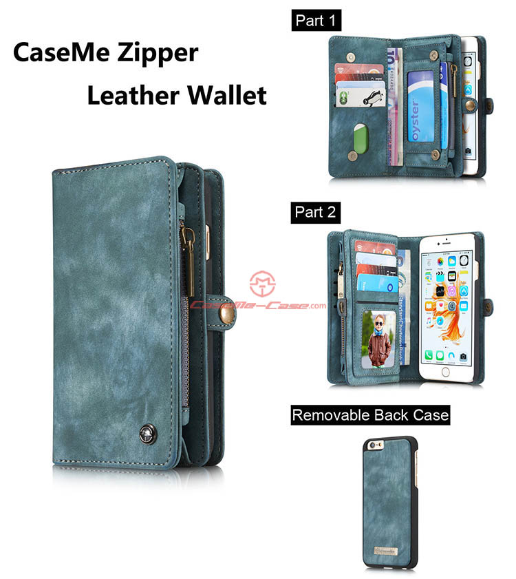 CaseMe iPhone 6S Zipper Wallet Detachable 2 in 1 Folio Case Green