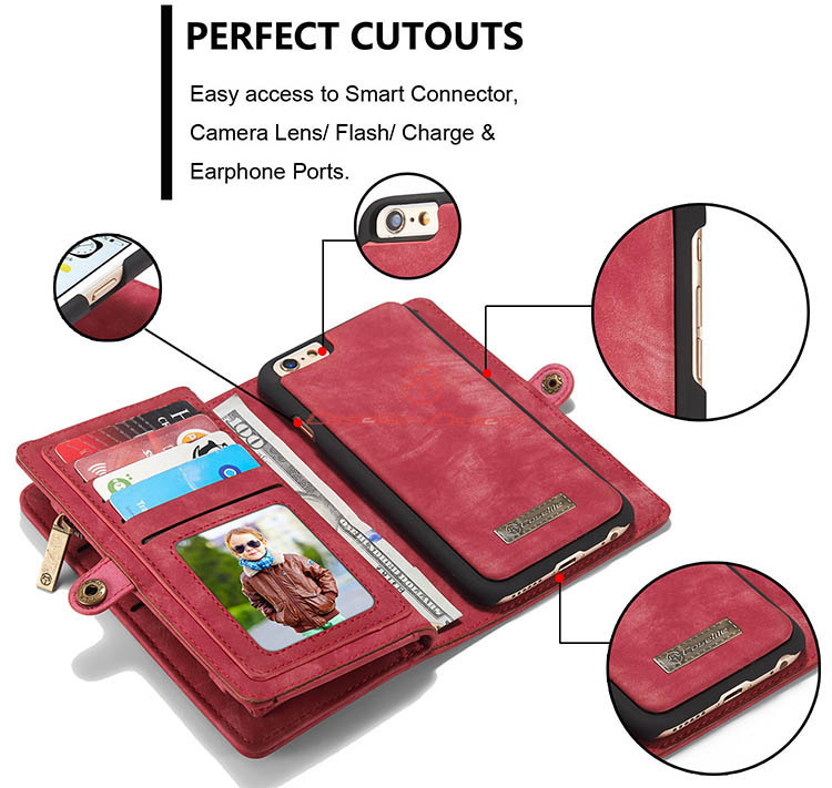 CaseMe iPhone 6S Zipper Wallet Detachable 2 in 1 Folio Case Red