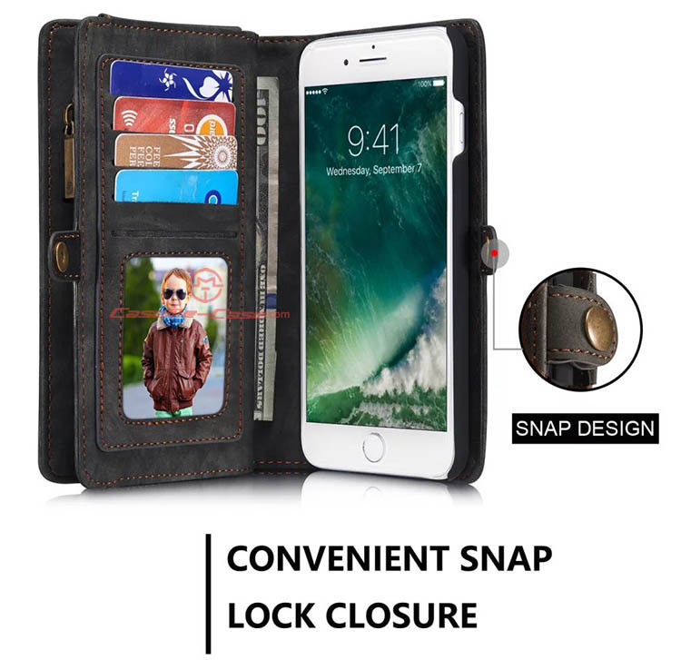 CaseMe iPhone 7 Plus Detachable 2 in 1 Zipper Wallet Folio Case Black