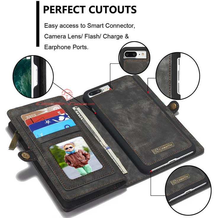 CaseMe iPhone 7 Plus Detachable 2 in 1 Zipper Wallet Folio Case Black