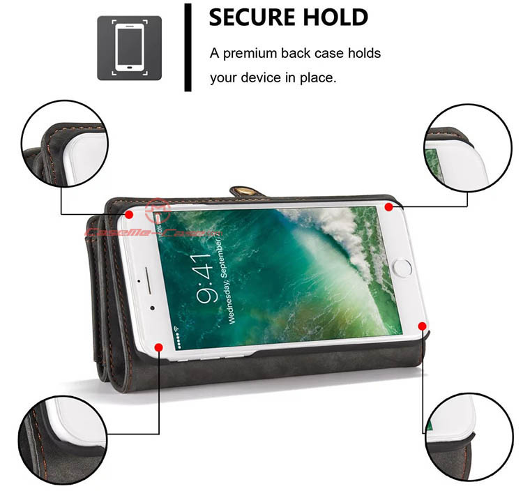 CaseMe iPhone 7 Plus Detachable 2 in 1 Zipper Wallet Folio Case Black