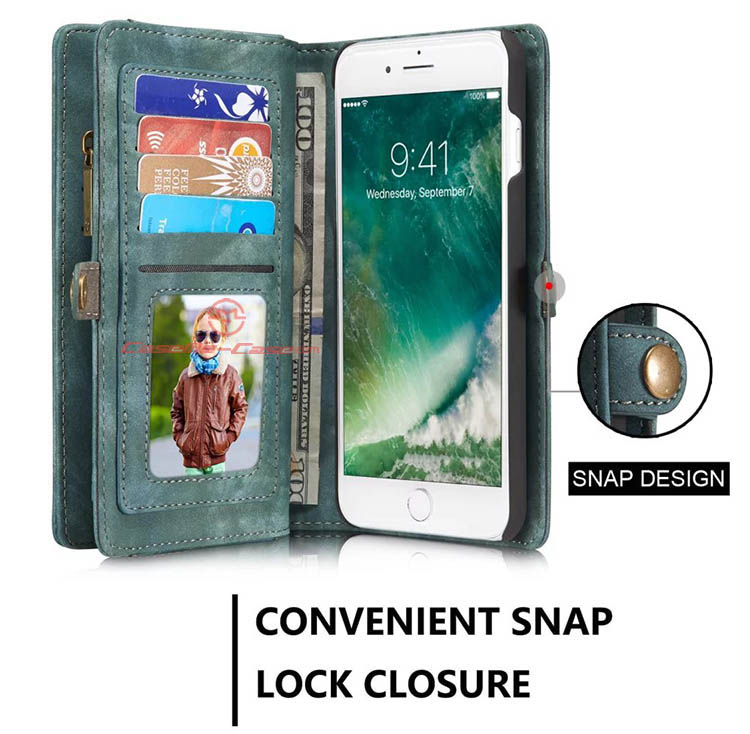 CaseMe iPhone 7 Plus Detachable 2 in 1 Zipper Wallet Folio Case Green