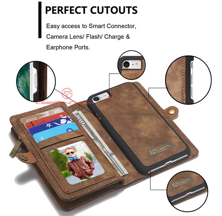 CaseMe iPhone 7 Detachable 2 in 1 Zipper Wallet Folio Case Brown