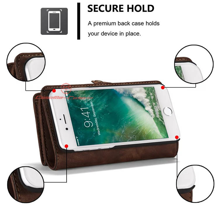 CaseMe iPhone 7 Detachable 2 in 1 Zipper Wallet Folio Case Brown
