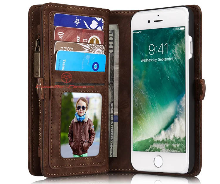 CaseMe 008 iPhone 7 Detachable 2 in 1 Zipper Wallet Folio Case Brown
