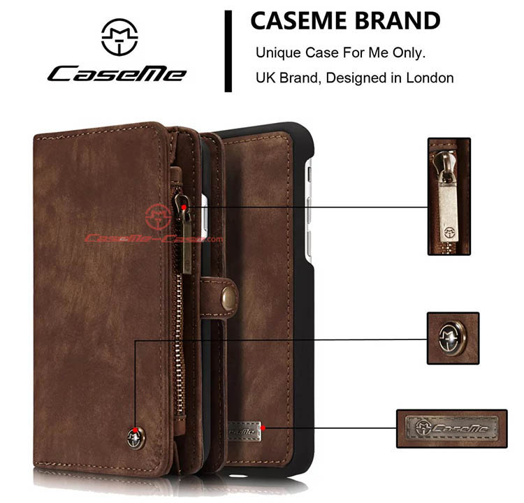 CaseMe iPhone 7 Detachable 2 in 1 Zipper Wallet Folio Case Brown