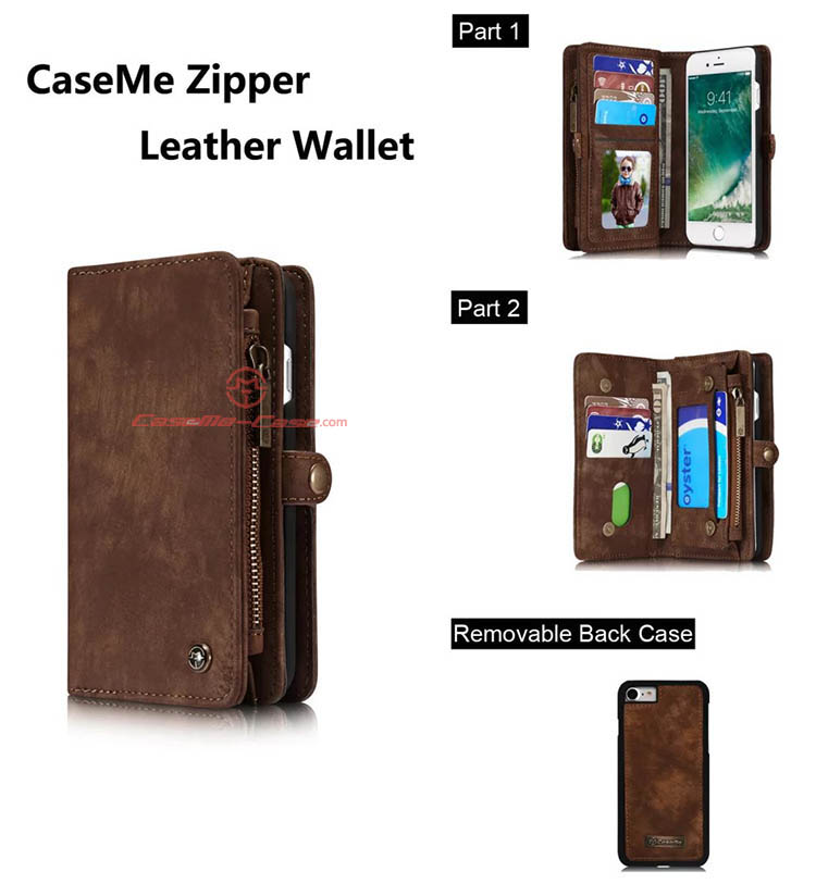 CaseMe iPhone 7 Detachable 2 in 1 Zipper Wallet Folio Case Brown