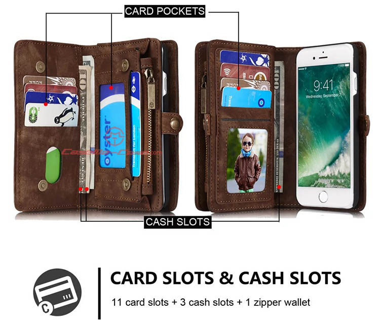 CaseMe iPhone 7 Detachable 2 in 1 Zipper Wallet Folio Case Brown