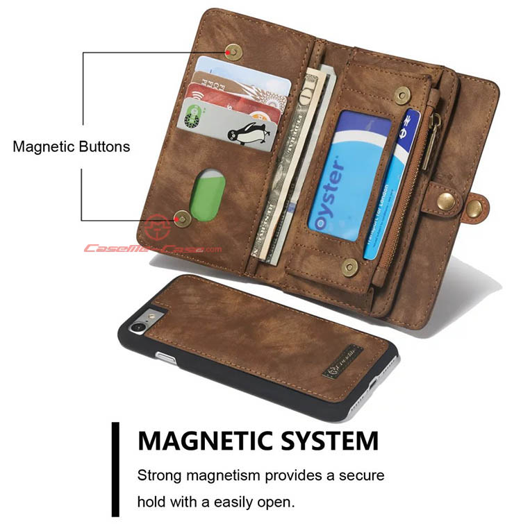 CaseMe iPhone 7 Detachable 2 in 1 Zipper Wallet Folio Case Brown