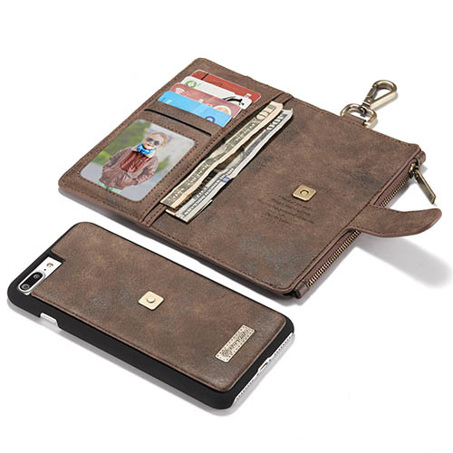 CaseMe iPhone 7 Plus Metal Buckle Zipper Wallet Detachable Folio Case Coffee