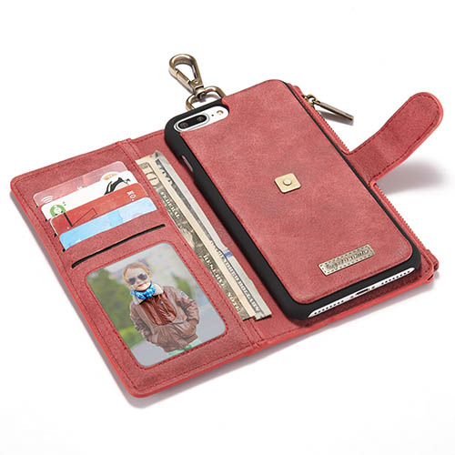 CaseMe iPhone 7 Plus Metal Buckle Zipper Wallet Detachable Folio Case Red