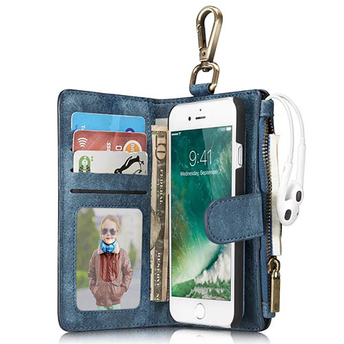 CaseMe iPhone 6S Metal Buckle Zipper Wallet Detachable Folio Case Blue