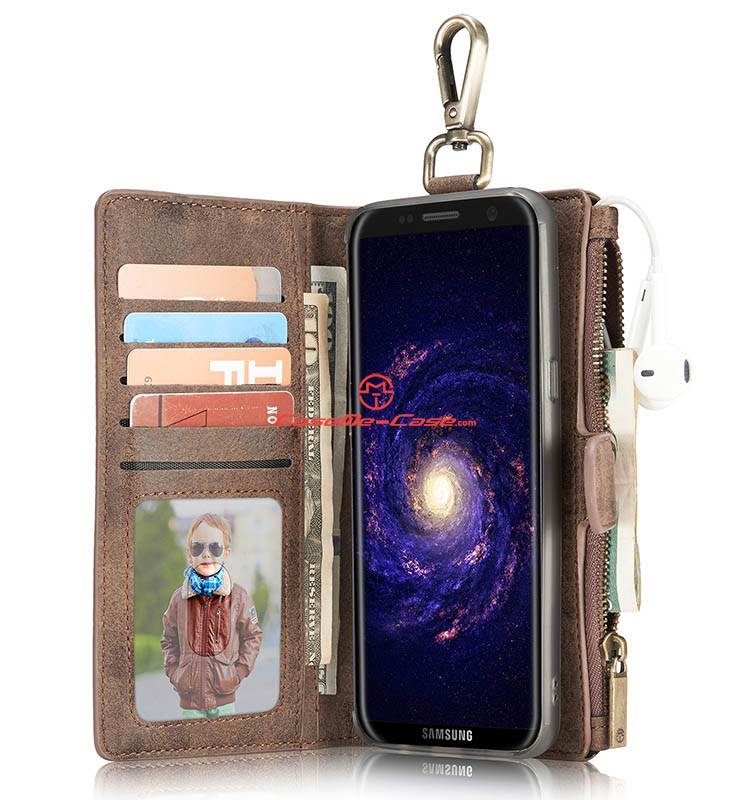 CaseMe Samsung Galaxy S8 Plus Metal Buckle Zipper Wallet Detachable Folio Case Coffee
