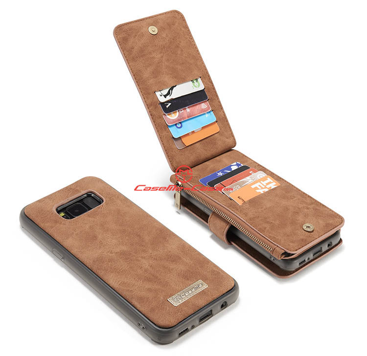 CaseMe Samsung Galaxy S8 Plus Zipper Wallet Detachable 2 in 1 Flip Case Brown
