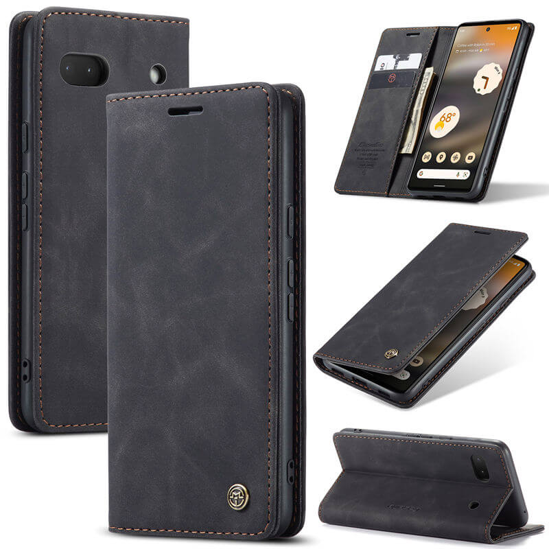 CaseMe Google Pixel 6A Wallet Magnetic Suede Leather Case Black - Click Image to Close