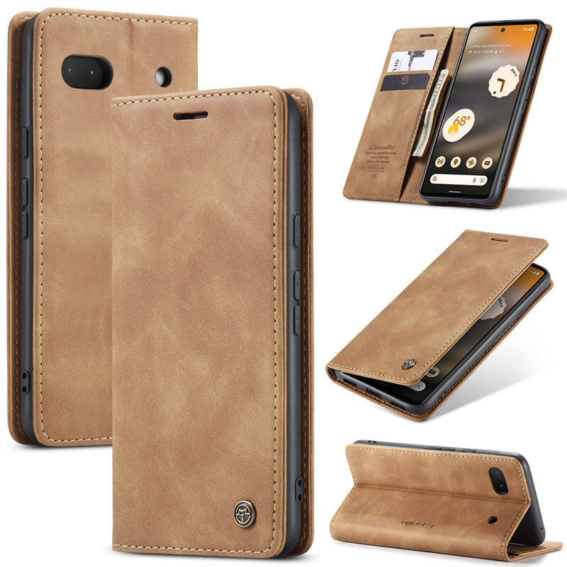 CaseMe Google Pixel 6A Wallet Magnetic Suede Leather Case Brown - Click Image to Close