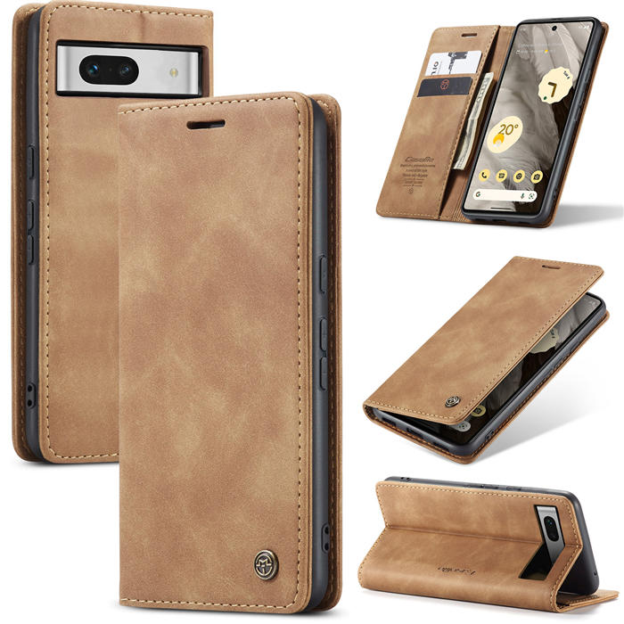 CaseMe Google Pixel 7A Wallet Magnetic Suede Leather Case Brown - Click Image to Close